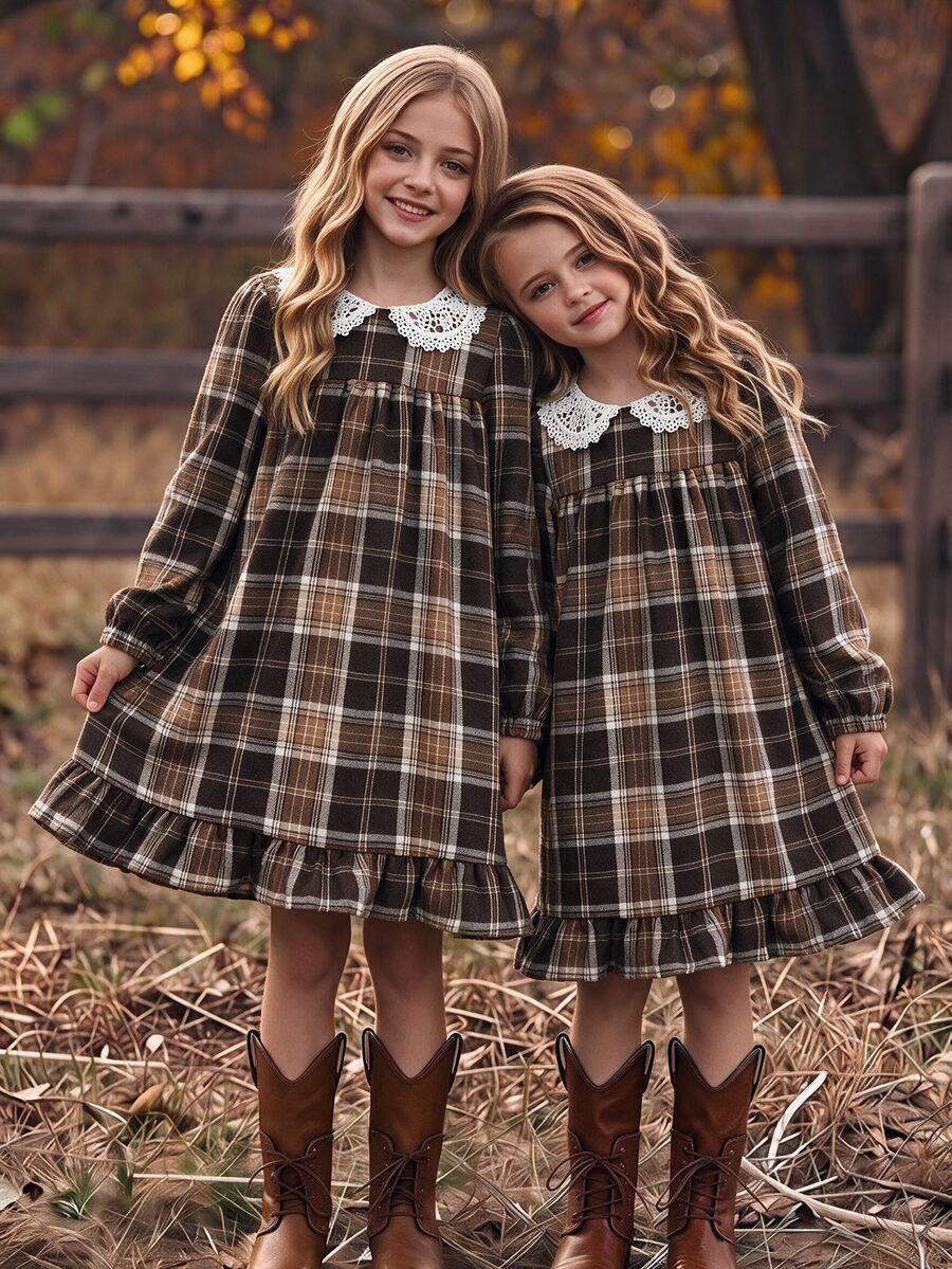 Girls' Vintage Brown Plaid Long Sleeve Princess Dress With Lapel Collar, Pastoral Style - Multicolor - View 1
