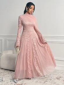 Veilorie فستان حفلة أنيق للنساء بتصميم دانتيل وشبكة مرقعة مع خصر مشدود - وردي مغبر - مشاهدة 4