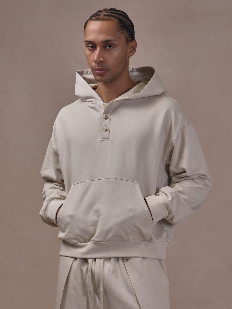 Musero Oversized Drop Shoulder Crop Length Button Neck Hoodie Co Ord Hoodie Only Autum Winter Essentials - Grey - View 1