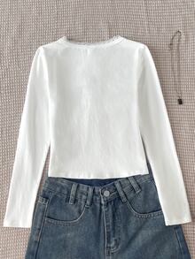 SHEIN Tween Girl Tween Girl Spring Autumn Winter Casual Elegant Lace Patchwork Button Decor Half-Open Neck Long Sleeve Slim Fit White T-Shirt, Suitable For Layering And Outdoor Wear - White - View 5