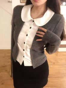 DAZY Women's Contrast Color Lapel Long Sleeve Korean Style T-Shirt - Grey - View 7