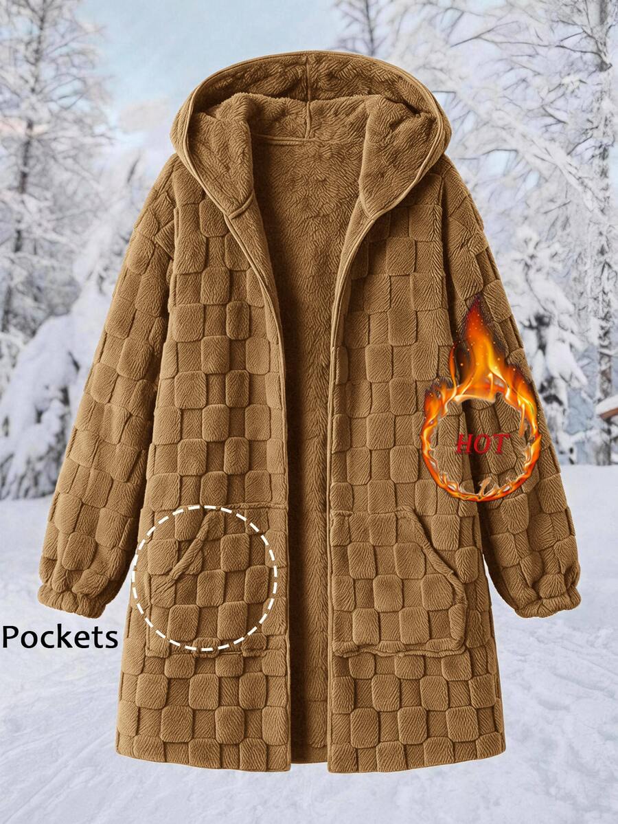 Comfylo Plus Size Comfortable Winter Double-Sided Fleece Hooded Jacket With Pockets - Khaki - View 1