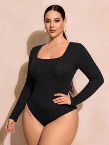 SHEIN SXY Casual Ribbed Black Knit Square Neck Plus Size Long Sleeve Fitted Bodysuit, Suitable For Autumn/Winter - Black - View 3