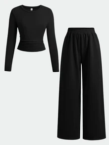 SHEIN Teen Girls Black Ribbed Knit Top And Casual Vintage Sweatpants 2 Pieces Set, Spring/Autumn - Black - View 2