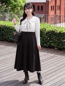Bijouette Plus Size DressesPlus Size Contrast Binding V Neck Bowknot Front Flap Detail 2 In 1 Dress,Daily Commute,French Elegant,Ladylike,Office Lady Fall - Black - View 7