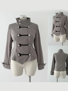 Sunspun Plus Size Women's Button Design Stand Collar Long Sleeve Napoleon Jacket - Grey - View 3