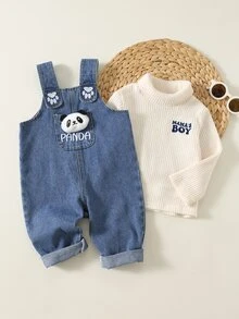 SHEIN 男女嬰兒/幼兒秋冬可愛熊貓娃娃牛仔吊帶褲，嬰兒牛仔連身褲，冬季連身衣，聖誕 - 藍色 - 查看 1