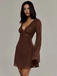 MUSERA V Neck Plunged Flowy Mini Dress Going Out Sexy Fall Winter Christmas - Brown - View 4