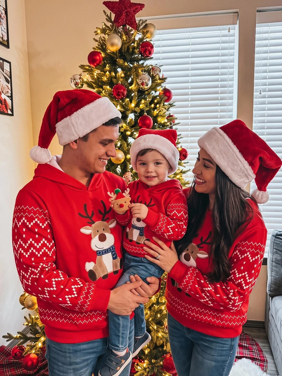 SHEIN Baby Boys Sweatshirts Family Matching Christmas Reindeer Fair Isle Pattern Printed Knit Pullover Sweatshirt Comfortable Thermal Lined Thickened - Red - View 1