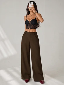 SHEIN PETITE Women's Solid Color Casual Versatile Everyday Long Pants - Brown - View 7