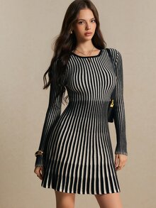 Poéselle Women's Striped Crew Neck Long Sleeve Casual Knit Dress - Black and White - View 8