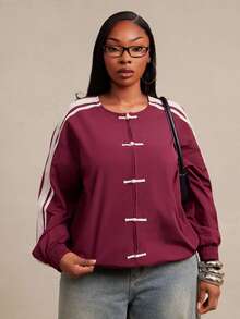 SHEIN SXY Plus Size Women's Colorblock Casual Daily Long Sleeve Jacket - Rose Red - View 8