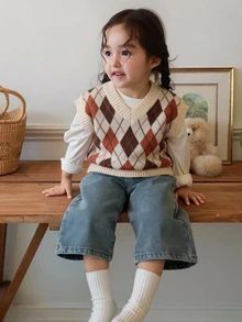Dazy Kids 女嬰拼色菱格紋V領針織背心，秋冬季幼兒秋季服飾 - 卡其色 - 查看 7