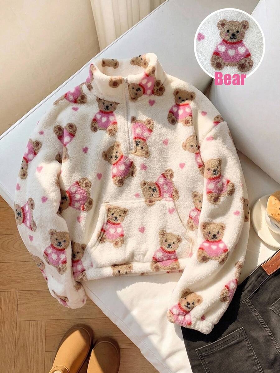 SHEIN 青少年女孩卡通圖案休閒日常長袖運動衫 - 黑色 - 查看 1