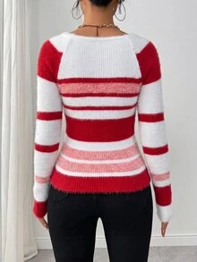 Sprig & Strand 女款條紋極簡風套頭針織毛衣，休閒日常穿著，長袖上衣，秋冬款 - 彩色 - 查看 2