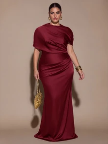 SHEIN BAE CURVE Plus Size Women's Elegant Brown Ruched Wrap Dress With Fishtail Hem Christmas - Burgundy - View 8