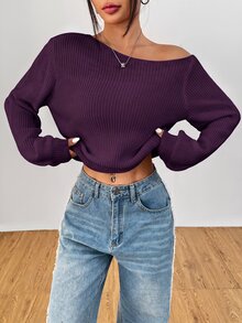 SHEIN PETITE 白色女款長袖套頭毛衣，可披肩穿著，適合秋冬，適合嬌小女性 - 紫色 - 查看 6