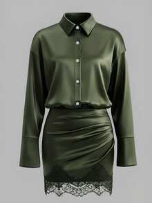 Coastalzia Premium Glossy Satin Lace Patchwork Shirt-Style Long Sleeve Ruched Waist Fitted Bodycon Mini Dress For Women - Green - View 5