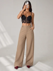 SHEIN PETITE 女款素色休閒百搭日常穿著長褲 - 卡其色 - 查看 3