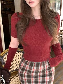 DAZY Autumn/Winter Red Crew Neck Fitted Short Sleeve Knit Sweater And Arm Warmers 2 Pieces Set, Casual Christmas Women's - Red - View 12