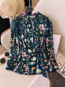 SHEIN Clasi 女款花卉印花長袖腰部打結優雅浪漫襯衫，白色花卉，適合早午餐，秋季 - 墨綠色 - 查看 3