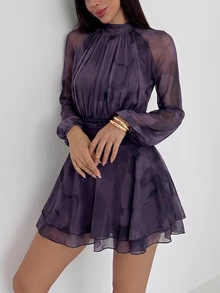 Aloruh 女款粉色花卉秋季優雅浪漫婚禮晚宴約會Ninang網紗印花長袖立領繫腰A字傘裙派對洋裝 - 紫色 - 查看 7