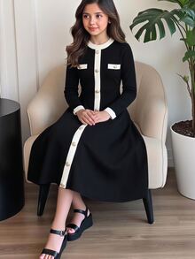 SHEIN Tween Girl Colorblock Casual Everyday Summer Knit Dress - Black and White - View 3