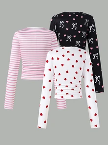 SHEIN 青少年女孩 T-shirt 3件組，休閒版型，日常穿著，時尚百搭，圓領，印花，可愛舒適，圖案字母，秋季，寬鬆 - 彩色 - 查看 2