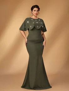 Serin Plus Size Elegant Romantic Minimalist Dark Green Round Cape 2 In 1 Computer Beaded Rhinestone Pleated Fitted Mermaid Wedding Event Ball Vacation Bridal Mother Evening Gown - Green - View 5