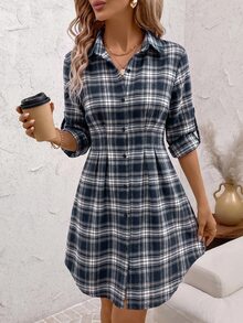 SHEIN Clasi Women's Casual Vintage 2000s Plaid Front Button Dress, Autumn Work Brown Plaid - Navy Blue - View 5