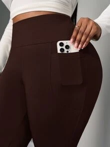 SHEIN PETITE CURVE 大尺碼女款黑色秋季休閒正式風柔軟優雅純色針織高腰鬆緊口袋喇叭寬腿長褲 健身正裝適用 - 乾枯玫瑰色 - 查看 8