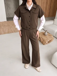 Rue Lumi Flap Detail Batwing Sleeve Shirt & Wide Leg Pants Without Blouse - Brown - View 6