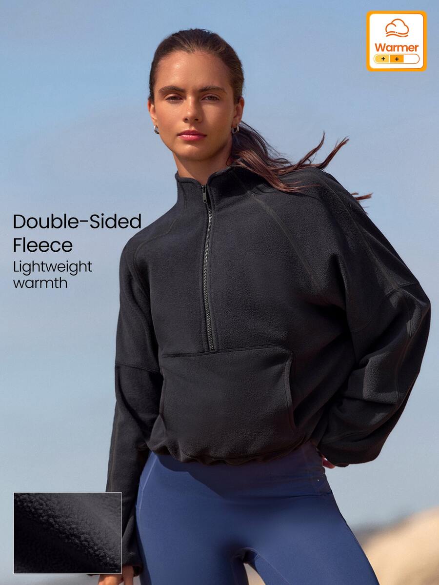 GLOWMODE Running Collection Cozy Season Glow Half-Zip Pullover With Glossy Panel, Drawstring Hem & Front Pocket Fall Winter Outdoor Jogging Workout Wear - Black - View 1