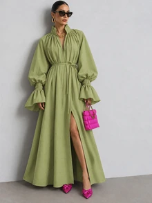 Structelle Women's Casual Raglan Puff Lantern Sleeve Dress With Cuffed Frill Trim, V-Neck Mock Collar With Tie Design, Straight Loose Fit Long Robe Dress - Green - View 5