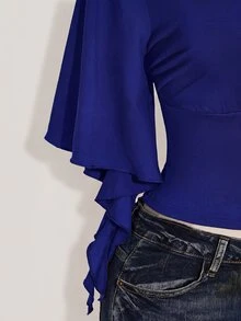 SHEIN ICON 女款大尺碼黑色夏季哥德風性感夜店約會派對夜店 T-shirt，復古優雅 V 領荷葉袖修身 Y2K 風格 - 寶藍色 - 查看 9