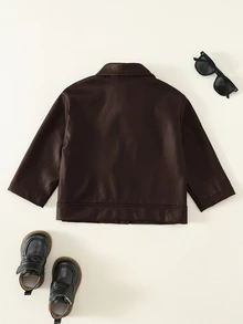 SHEIN 男嬰純色酷帥長袖開襟秋季夾克外套 - 棕色 - 查看 2