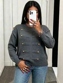 Modelyn Plus Size Women's Napoleon Style Metal Button Long Sleeve Pullover Sweater, Autumn/Winter Fashion Elegant Solid Color Loose Fit Versatile Knit Top - Dark Grey - View 1