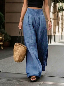 SHEIN LUNE Plus Size Women's Linen Waistband Elastic Abstract Print Fashion Casual Comfortable Loose Versatile Pants Fall - Blue - View 1