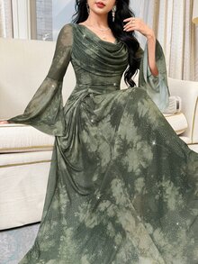 Feyla Women's Tie-Dye Rhinestone Cowl Neck Flared Sleeve Pleated Elegant Dress - Green - View 3