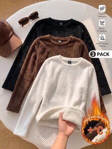 SHEIN EZwear 女款 3 件組圓領抓絨內裡加厚休閒修身長袖 T 恤，結合休閒、極簡、運動與街頭風，百搭單品，適合派對、機場穿搭與 Y2K 風格；棕色與藍色條紋學院風印花設計，時尚街頭穿搭與夏季造型 - 彩色 - 查看 7
