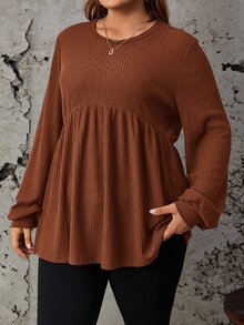 SHEIN LUNE 大尺碼純色極簡圓領長袖T恤，日常穿著長版上衣 深綠色 羅紋針織上衣/秋季/冬季 - 棕色 - 查看 5