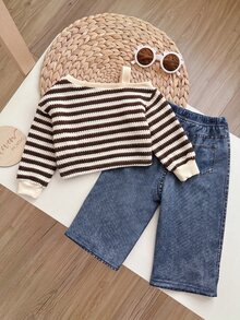 SHEIN 女嬰針織條紋不對稱肩休閒衛衣與長褲2件套 - 彩色 - 查看 2