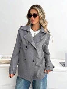 Easowa 女款格紋休閒優雅百搭日常通勤旅行風衣外套 深褐色 秋冬 - 黑與白 - 查看 5