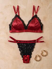 HautHeat 6pcs Multi-Color Satin Lace Patchwork Triangle Cup Elegant Romantic French Style Women's Lingerie Set - Multicolor - View 6