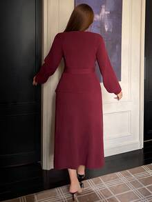 Dazy Plus Autumn/Winter New Elegant Solid Color V-Neck Tie-Front Bodycon Wrap Skirt, New Year Red 2 Pieces Set - Burgundy - View 2
