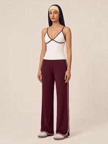SHEIN BAE Women's Colorblock Casual Daily Travel Sports Long Pants - Burgundy - View 6