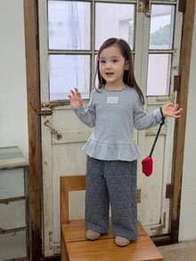 DAZY Infant (Girl) Ruffle Trim Long Sleeve Solid Color Korean Style Top - Grey - View 7