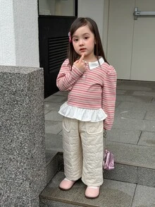 DAZY Infant/Toddler (Girl) Collared Striped Long Sleeve Spring/Autumn Mesh-Texture Korean Style Casual Top - Baby Pink - View 3