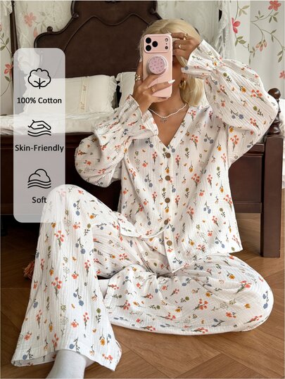 CottageSlumber 100% Pure Cotton Romantic Ditsy Floral Print V-Neck Long Sleeve Long Pants Women's Pajama Set