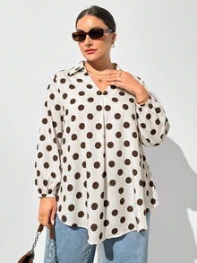 Shapeblank Women's Plus-Size Casual V-Neck Long-Sleeve Shirt – Apricot With Large Polka Dots – Loose, Comfortable, And Stylish For Spring & Autumn,Fall Outfits - Apricot - View 4